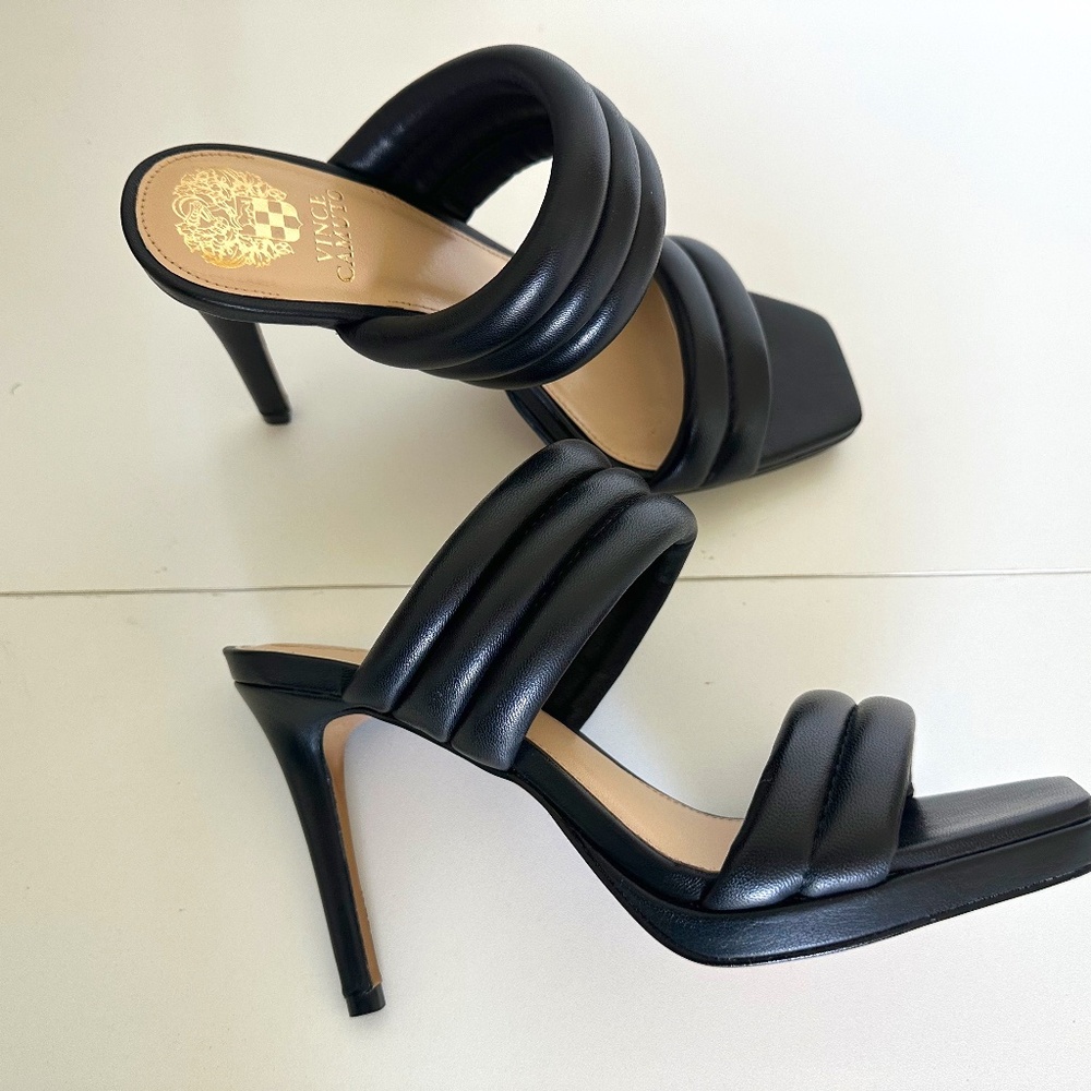 Vince Camuto Eluinsa Womens Leather Slip On Heels ( Black Puffy Mule)